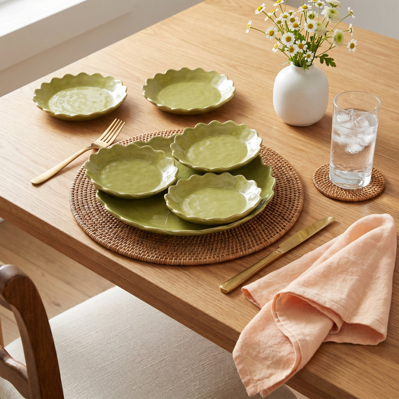Birch Lane™ Maddie Dentelle Green Ceramic Scalloped Edge Round